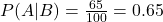 P(A|B) = \frac{65}{100} = 0.65