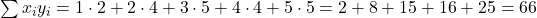 \sum x_i y_i = 1 \cdot 2 + 2 \cdot 4 + 3 \cdot 5 + 4 \cdot 4 + 5 \cdot 5 = 2 + 8 + 15 + 16 + 25 = 66