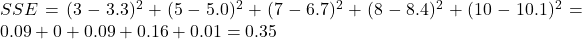 SSE = (3-3.3)^2 + (5-5.0)^2 + (7-6.7)^2 + (8-8.4)^2 + (10-10.1)^2 = 0.09 + 0 + 0.09 + 0.16 + 0.01 = 0.35