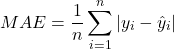 \[MAE = \frac{1}{n} \sum_{i=1}^{n} |y_i - \hat{y}_i|\]