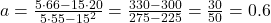 a = \frac{5 \cdot 66 - 15 \cdot 20}{5 \cdot 55 - 15^2} = \frac{330 - 300}{275 - 225} = \frac{30}{50} = 0.6