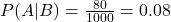 P(A|B) = \frac{80}{1000} = 0.08