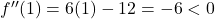 f''(1) = 6(1) - 12 = -6 < 0