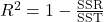 R^2 = 1 - \frac{\text{SSR}}{\text{SST}}