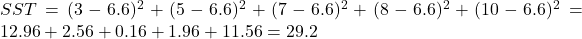 SST = (3-6.6)^2 + (5-6.6)^2 + (7-6.6)^2 + (8-6.6)^2 + (10-6.6)^2 = 12.96 + 2.56 + 0.16 + 1.96 + 11.56 = 29.2
