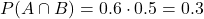 \[ P(A \cap B) = 0.6 \cdot 0.5 = 0.3\]