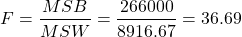 \[ F = \frac{MSB}{MSW} = \frac{266000}{8916.67} = 36.69\]